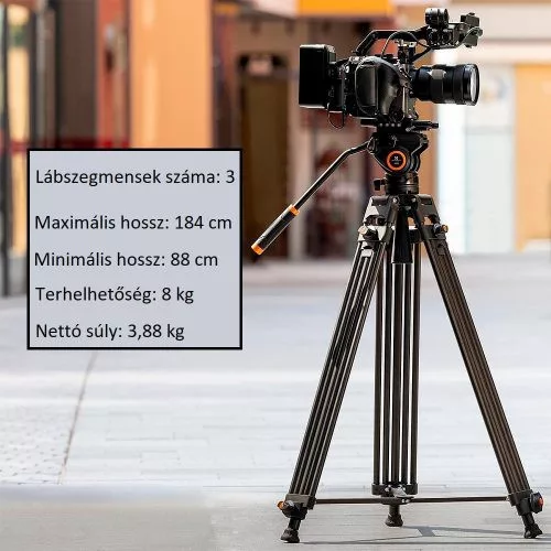 K&F Concept VA18 videóállvány, VH081 video-fluid Fej, 184cm magasság, 8kg teherbírás
