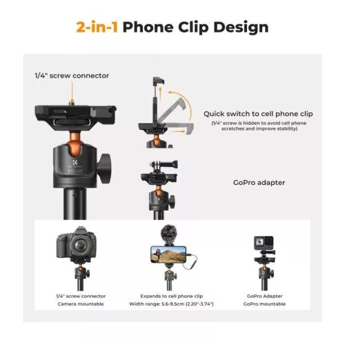 K&F Concept MS08 állvány, selfie bot, gömbfejjel, Gopro adapter, telefon adapter, bluetooth kioldó
