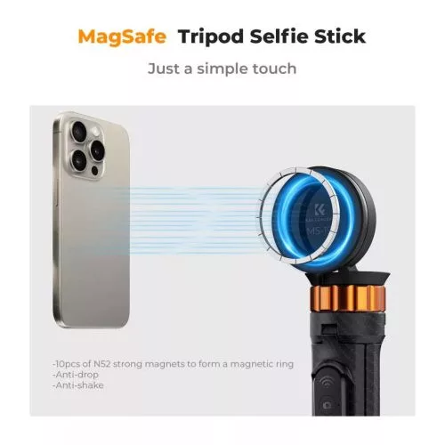 K&F Concept állvány, 162 cm selfie bot, Magsafe telefon adapter, bluetooth kioldó