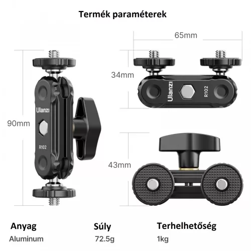 Ulanzi R102 kétfejű bilincs mindkét oldalon 1/4-es csavarral